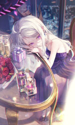1girl adversarial_noise black_halo blue_archive box candle champagne_flute cup demon_girl demon_horns dress drinking_glass earrings flower gift gift_box glass_table halo high_heels hina_(blue_archive) hina_(dress)_(blue_archive) horns indoors jewelry leaning_on_table light_smile long_hair necklace off_shoulder official_alternate_costume on_chair ouri_(aya_pine) pearl_necklace purple_dress purple_eyes purple_halo rose signature sitting skyline slit_pupils solo table very_long_hair white_hair window