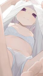 1girl barefoot blue_bra blue_panties bra breasts closed_mouth clothes_lift copyright_request highres hiroki_(yyqw7151) lifting_own_clothes looking_at_viewer navel panties panties_under_shorts purple_eyes shirt shirt_lift shorts sitting small_breasts smile solo toes underwear upshirt white_hair white_shirt white_shorts