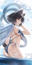1girl absurdres animal_ears arch_a4 ass bikini black_choker black_hair blue_archive blue_bikini blush breasts cat_ears cat_tail choker commentary english_commentary halo haori highres japanese_clothes kikyou_(blue_archive) kikyou_(swimsuit)_(blue_archive) looking_at_viewer medium_breasts multiple_tails navel official_alternate_costume outdoors profile short_hair side-tie_bikini_bottom solo string_bikini swimsuit tail underboob wading