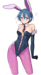 10s 1girl aimitsu_(ibityuttyu) akuma_no_riddle alternate_costume animal_ears arm_behind_back azuma_tokaku bare_shoulders black_gloves black_necktie blue_eyes blue_hair blush breasts breasts_apart cleavage cowboy_shot detached_collar elbow_gloves embarrassed fake_animal_ears female_focus gloves gluteal_fold hair_between_eyes heart heart-shaped_pupils highres large_breasts leaning_to_the_side legs_apart leotard looking_at_viewer necktie pantyhose parted_bangs pink_pantyhose playboy_bunny purple_necktie purple_pantyhose rabbit_ears short_hair short_necktie simple_background solo spoken_heart standing striped_necktie symbol-shaped_pupils white_background