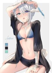 1girl au_ra bikini bikini_top_only black_shorts blue_bikini blue_eyes bracelet dated dragon_girl dragon_horns dragon_tail final_fantasy final_fantasy_xiv food green_eyes grey_hair heterochromia highres holding holding_food holding_popsicle horns jewelry looking_at_viewer nanase_kokono popsicle scales short_hair shorts signature sitting solo swimsuit swimsuit_cover-up tail warrior_of_light_(ff14)