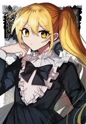 Rule 34 | 1girl, absurdres, akita neru, alternate costume, black background, black bow, black bowtie, black dress, blonde hair, bow, bowtie, bright pupils, closed mouth, danjou sora, dress, frilled dress, frills, hair between eyes, hand up, highres, long sleeves, looking at viewer, side ponytail, solo, upper body, vocaloid, white dress, white pupils