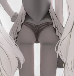 1girl absurdres ass ass_focus dress fins fish_girl fish_tail from_behind greyscale highres indie_virtual_youtuber long_hair monochrome panties sameko_saba solo tail underwear user_ymyx3478 virtual_youtuber