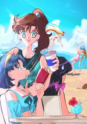 Rule 34 | 5girls, aino minako, alternate costume, ball, beachball, bikini, bishoujo senshi sailor moon, black hair, blue bikini, blue eyes, blue hair, book, bow, brown hair, collarbone, drinking straw, earrings, flower earrings, green eyes, hair bobbles, hair bow, hair ornament, hairband, highres, hino rei, in the face, jewelry, kino makoto, looking down, looking up, midriff, mizuno ami, multiple girls, munya chuu, orange bikini, outdoors, pink bikini, pink bow, reading, smile, stud earrings, summer, sweatdrop, swimsuit, tsukino usagi