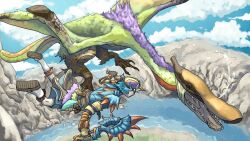 1boy action armor artist_request capcom claws creature dragon fanart_digital fantasy flying monster monster_hunter_(series) mountainous_horizon open_mouth qurupeco_(monster_hunter) river sky source teeth weapon wings