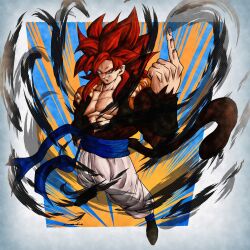 Rule 34 | 1boy, abs, absurdres, blue eyes, blue sash, body fur, dragon ball, dragon ball gt, gogeta, highres, long hair, looking at viewer, male focus, metamoran vest, monkey boy, monkey tail, muscular, muscular male, noir illust, pants, pectorals, red hair, saiyan, sash, smile, solo, spiked hair, super saiyan, super saiyan 4, tail, white pants