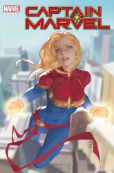 1girl artist_name belt blonde_hair blue_bodysuit blue_eyes blue_sky blurry blurry_background bodysuit breasts building captain_marvel carol_danvers character_name city clenched_hands copyright_name covered_collarbone day flying gloves highres long_hair looking_at_viewer marvel medium_breasts outdoors red_belt red_bodysuit sky skyscraper solo star_(symbol) superhero_costume teeth two-tone_bodysuit yaoyao794 yellow_gloves