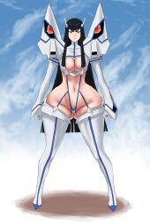 1girl black_hair blue_eyes blue_sky boots breasts cleavage_cutout closed_mouth clothing_cutout cloud full_body gloves highres junketsu kill_la_kill kiryuuin_satsuki large_breasts long_hair long_sleeves matsumaruyama navel revealing_clothes sky solo standing thick_eyebrows thick_thighs thigh_boots thighs white_gloves wide_hips