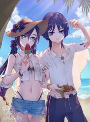 1boy 1girl alternate_costume alternate_hairstyle aqua_eyes arm_cutout arm_up beach bikini blue_bikini blue_shorts blue_sky blunt_bangs blunt_ends bow bracelet brown_hat chain chain_necklace chopsticks closed_mouth cloud cloudy_sky collarbone collared_shirt contemporary cropped_shirt denim denim_shorts drawstring earrings eyelashes eyeliner eyeshadow food genshin_impact hair_between_eyes hair_bow hat hat_bow hat_ornament holding holding_food holding_popsicle jewelry licking_food locked_arms long_hair looking_at_viewer low_twintails makeup midriff mona_(genshin_impact) navel necklace outdoors parted_bangs pendant ponytail_holder popsicle purple_bow purple_eyes purple_shorts red_eyeliner red_eyeshadow red_trim scaramouche_(genshin_impact) see-through_clothes see-through_shirt shirt shore short_sleeves shorts signature sky standing star_(symbol) star_earrings star_hat_ornament star_ornament sun_hat swimsuit thong_bikini tongue tongue_out tree twintails twitter_username watermelon_bar white_shirt white_sleeves white_trim wispy_bangs yakisoba zentreeles