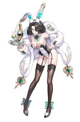 Rule 34 | 1girl, absurdres, animal ears, armpits, bare shoulders, black hair, black shoes, black survival, bodysuit, bottle, bow, bowtie, breasts, brown thighhighs, cleavage, coat, collarbone, commentary request, cup, detached collar, drinking glass, eternal return: black survival, fake animal ears, food, frilled leotard, frills, full body, fur-trimmed coat, fur trim, garter straps, hair over one eye, hairband, hand on own hip, heart, high heels, highres, holding, holding tray, kurimui2, large breasts, leaning forward, leotard, long bangs, long legs, long sleeves, looking at viewer, off shoulder, open clothes, open coat, parted bangs, playboy bunny, rabbit ears, rozzi (black survival), shoes, short hair, simple background, solo, thighhighs, thighs, tray, white background, white coat, wine bottle, wine glass, yellow eyes