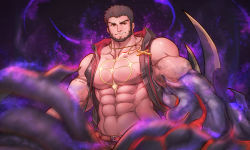 1boy abs avenger_(dungeon_and_fighter) bara bare_pectorals bare_shoulders beard brown_hair chest_tattoo cross cross_necklace dungeon_and_fighter facial_hair highres hood hooded_jacket jacket jewelry kulolin large_pectorals male_focus male_priest_(dungeon_and_fighter) mature_male monster_boy monsterification muscular muscular_male navel necklace nipples octopus_boy open_clothes open_jacket paid_reward_available pectorals priest priest_(dungeon_and_fighter) red_eyes short_hair sleeveless sleeveless_jacket solo stomach tattoo tentacle_hands tentacles veins