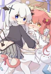 2girls ahoge animal_ears ass black_skirt blue_eyes blush bow cat_ears cat_tail closed_mouth hair_between_eyes hair_bow hair_ornament highres horns hug kafuushinno long_hair long_sleeves looking_at_viewer multiple_girls one_eye_closed open_mouth original panties pink_hair pleated_skirt ribbon school_uniform serafuku shirt skirt sleeves_past_wrists smile stuffed_toy tail thighhighs twintails underwear very_long_hair white_hair white_shirt yellow_eyes yuri
