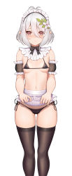 1girl absurdres antenna_hair apron apron_lift bikini black_bikini black_thighhighs breasts clothes_lift elf flower frilled_apron frills hair_between_eyes hair_flower hair_ornament highres kokkoro_(princess_connect!) komainu_(yamaha1997) lifting_own_clothes loli maid maid_apron maid_bikini navel pink_eyes pointy_ears bad_tag princess_connect! short_hair side-tie_bikini_bottom simple_background small_breasts solo string_bikini swimsuit thighhighs unconventional_maid waist_apron white_apron white_flower white_hair