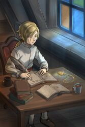 1boy aged_down blonde_hair book book_stack brown_shoes commentary_request cup dragon_quest dragon_quest_xi holding holding_quill homeros_(dq11) indoors inkwell janis_(hainegom) jewelry looking_at_object low_ponytail male_focus moon moonlight necklace open_book pendant ponytail quill shirt shoes sitting solo sparkle table unworn_jewelry unworn_necklace white_shirt writing yellow_eyes