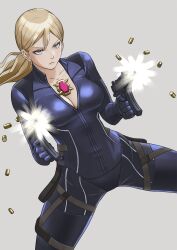 1girl blonde_hair blue_eyes bodysuit breasts cleavage firing full-length_zipper grey_background gun highres holding holding_gun holding_weapon jill_valentine long_hair low_ponytail muzzle_flash navel ponytail purple_bodysuit resident_evil resident_evil_5 shell_casing shigenobu simple_background submachine_gun weapon zipper