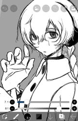 1girl art_program_in_frame bags_under_eyes braid braided_ponytail buttons coat earmuffs expressionless from_side gloves greyscale hands_up long_hair long_sleeves looking_to_the_side monochrome parted_lips sekka_yufu simple_background solo upper_body utau wada140 wet wet_face wet_hair winter_clothes winter_coat
