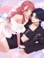 2girls aoi-kun_ga_ikemen_sugite_tsurai aoi_(aoi-kun_ga_ikemen_sugite_tsurai) bare_shoulders black_choker black_hair black_jacket black_pants black_tube_top bow choker closed_mouth crop_top ear_piercing fishnet_thighhighs fishnets jacket long_sleeves midriff miri_(aoi-kun_ga_ikemen_sugite_tsurai) multiple_girls off-shoulder_shirt off_shoulder original pants parted_lips piercing pink_eyes pink_hair red_lips shirt short_hair signature skirt smile straddling strapless thighhighs tube_top twitter_username white_bow white_shirt white_skirt white_thighhighs yanqi_momota yuri