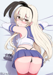 1girl anchor_hair_ornament animal_ears arms_up ass bare_shoulders black_hairband black_panties black_ribbon blonde_hair blue_sailor_collar blue_skirt blush breasts butt_crack buttons commentary_request cropped_shirt double-breasted elbow_gloves from_behind gloves hair_between_eyes hair_ornament hair_ribbon hairband highleg highleg_panties highres hip_focus kantai_collection long_hair looking_at_viewer looking_back lying microskirt midriff on_bed on_stomach panties pleated_skirt rabbit_ears ribbon sailor_collar school_uniform serafuku shimakaze_(kancolle) shirt skirt sleeveless sleeveless_shirt small_breasts smile solo thighs thong top-down_bottom-up tsukimoto_reiji underwear very_long_hair white_gloves white_shirt yellow_eyes
