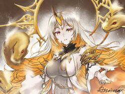 1girl blonde_hair breasts colored_inner_hair commentary covered_navel detached_sleeves english_commentary facial_mark fire_emblem fire_emblem_heroes floating_hair grey_hair grimaisbestwaifu gullveig_(fire_emblem) horns large_breasts long_hair looking_at_viewer multicolored_hair nintendo pale_skin parted_bangs reaching reaching_towards_viewer signature single_horn snake snake_hair solo two-tone_hair very_long_hair wide_sleeves yellow_eyes yellow_horns