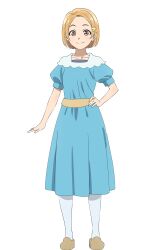 1girl blue_dress blue_socks brown_shoes closed_mouth clover_hair_ornament collarbone dress full_body genjitsu_no_yohane hair_ornament highres looking_at_viewer love_live! love_live!_sunshine!! medium_dress mito_(genjitsu_no_yohane) official_art orange_hair puffy_short_sleeves puffy_sleeves shoes short_hair short_sleeves simple_background smile socks solo split_mouth tachi-e takami_mito transparent_background