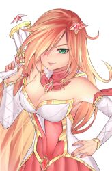 1girl bare_shoulders body_freckles breasts cleavage closed_mouth collar detached_collar detached_sleeves dot_nose dress eyelashes female_focus fingernails freckles freckles_on_breasts green_eyes gun hair_over_one_eye hand_on_own_hip hand_up holding holding_gun holding_weapon large_breasts league_of_legends lips long_hair looking_at_viewer magical_girl meemz_a miss_fortune_(league_of_legends) multicolored_dress nail_polish orange_hair orange_nails red_collar red_dress sailor_collar shoulder_freckles simple_background smile solo star_guardian_(league_of_legends) star_guardian_miss_fortune strapless strapless_dress two-tone_sailor_collar upper_body weapon white_background white_dress white_sailor_collar white_sleeves yellow_dress yellow_sailor_collar