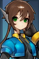 1girl absurdres aile_(mega_man_zx) black_bodysuit blue_background blue_jacket bodysuit bodysuit_under_clothes breasts brown_hair cropped_jacket green_eyes highres hoai_vu jacket long_hair medium_breasts mega_man_(series) mega_man_zx mega_man_zx_advent ponytail robot_ears simple_background solo upper_body