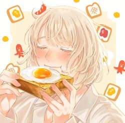 1girl alt_text blonde_hair blush bread bread_slice closed_eyes closed_mouth collared_shirt colored_eyelashes dungeon_meshi eating egg_(food) falin_touden falin_touden_(tallman) food food_art fried_egg fried_egg_on_toast hands_up highres holding holding_food long_sleeves portrait sasakura34 shirt short_hair solo tako-san_wiener toast white_shirt
