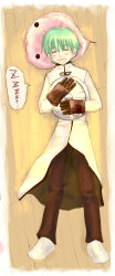 Rule 34 | 1boy, :3, acolyte (ragnarok online), blush, border, brown gloves, brown pants, cassock, closed eyes, closed mouth, commentary request, full body, gloves, green hair, highres, holding, holding shield, long sleeves, lying, male focus, muiro, no shoes, on back, on floor, pants, poring, ragnarok online, shield, short hair, sleeping, smile, socks, solo, stuffed slime, white border, white socks, wooden floor, zzz