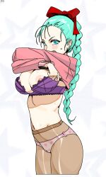 1girl aqua_hair blue_eyes blue_hair blush bow bra braid braided_ponytail breasts brendon_paes bulma cleavage clothes_lift dragon_ball dragon_ball_(classic) hair_bow hair_pulled_back heart heart_panties heart_print highres large_breasts lifting_own_clothes long_braid long_hair long_sleeves looking_at_viewer navel nipple_slip nipples open_mouth panties pantyhose pink_sweater print_panties purple_bra red_bow see-through_pantyhose shirt_lift solo sweatdrop sweater underwear undressing v-shaped_eyebrows