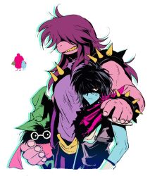 1girl 2boys armor bandage_player black_hair blue_skin bracelet closed_mouth colored_skin deltarune glasses gloves green_hat grin hair_over_eyes hand_on_another&#039;s_shoulder hat height_difference jewelry kris_(deltarune) long_hair looking_at_viewer multiple_boys pink_scarf pink_skin purple_hair ralsei red_eyes scarf shaded_face sharp_teeth shoulder_spikes sleeveless smile spiked_bracelet spiked_clothes spikes susie_(deltarune) teeth white_background white_gloves wizard_hat