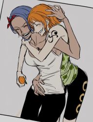 Rule 34 | 2girls, ^ ^, arm tattoo, blue hair, closed eyes, commentary, cowboy shot, food, fruit, green tank top, hand on own hip, highres, holding, holding food, hug, hug from behind, mandarin orange, multiple girls, nami (one piece), nami (one piece) (arlong park), nojiko (one piece), one piece, open mouth, orange hair, rokurnshu003, short hair, shorts, sidelocks, symbol-only commentary, tank top, tattoo, white tank top