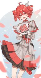 Rule 34 | 1girl, ahoge, belt, birthday, black belt, black skirt, black sleeve cuffs, blue background, bouquet, bow, commentary request, double-parted bangs, drill hair, falling petals, feet out of frame, flower, grey jacket, grey skirt, hair between eyes, hair bow, hair ribbon, highres, holding, holding bouquet, jacket, kasane teto, kasane teto (sv), layered skirt, layered sleeves, leaning to the side, long sleeves, looking at viewer, musical staff, musical staff print, open mouth, petals, pink petals, red belt, red eyes, red hair, red skirt, red trim, ribbon, shirokabi 39, shoulder belt, shoulder boards, skirt, solo, striped clothes, striped jacket, striped skirt, synthesizer v, teeth, twin drills, upper teeth only, utau, white background, white bow, white ribbon