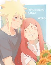Rule 34 | 1boy, 1girl, blonde hair, blue eyes, blush, couple, flower, happy birthday, husband and wife, long hair, meitarou, namikaze minato, naruto (series), naruto shippuuden, red hair, shirt, short hair, sunflower, uzumaki kushina