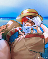 2boys brown_hat buggy_the_clown clown_nose day finger_frame finger_frame_over_eye gloves hair_over_one_eye hat highres male_focus multiple_boys ocean one_piece outdoors red_hair shanks_(one_piece) short_hair short_sleeves signature straw_hat vamos_mk white_gloves