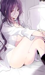 1boy 1girl artist_request bed black_socks bottomless breasts chaos;child convenient_censoring hair_between_eyes kneehighs kunosato_mio lab_coat long_hair long_sleeves looking_at_viewer medium_breasts naked_lab_coat nape no_bra non-web_source okabe_rintarou open_clothes parted_lips pillow ponytail purple_eyes purple_hair red_lips sidelocks sitting socks solo steins;gate thick_thighs thighs