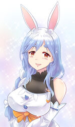 Rule 34 | 1girl, animal ear fluff, animal ears, apron, black bodysuit, blue hair, bodysuit, braid, braided ponytail, colonel aki, detached sleeves, highres, hololive, long hair, looking at viewer, mature female, multicolored hair, pekomama, rabbit ears, rabbit girl, red eyes, short eyebrows, smile, solo, streaked hair, virtual youtuber, white apron, white hair, white sleeves