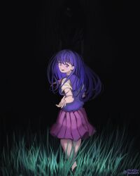 2girls absurdres black_hair bright_pupils collared_shirt dual_persona grass highres long_hair lower_teeth_only mari_(faraway)_(omori) mari_(headspace)_(omori) mari_(omori) minpupunkun multiple_girls neckerchief omori open_mouth pleated_skirt purple_eyes purple_hair purple_sweater_vest red_neckerchief red_skirt shirt short_sleeves skirt sweater_vest teeth twitter_username white_pupils white_shirt