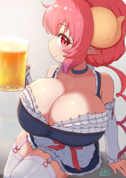 1girl alcohol alternate_costume bare_shoulders beer beer_mug blush breast_focus breasts choker cleavage cup curled_horns dragon_horns dress frilled_dress frilled_sleeves frills garter_straps gradient_hair grey_thighhighs highres holding holding_cup horns huge_breasts ilulu_(maidragon) kobayashi-san_chi_no_maidragon leaning_to_the_side long_sleeves looking_to_the_side mug multicolored_hair pointy_ears purple_hair red_eyes red_hair red_ribbon reiwa_rerere ribbon short_hair_with_long_locks shortstack sign sitting sleeveless smile solo thighhighs white_sleeves