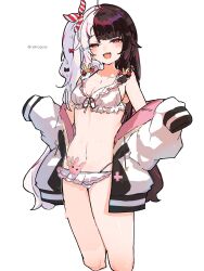 :d ahoge arms_up bikini black_bow blunt_bangs border bow breasts bright_pupils cleavage collarbone drawstring drop_shadow frilled_bikini frills hair_flaps hair_ornament hair_ribbon hair_scrunchie half-closed_eyes happy highres jacket long_hair medium_breasts multicolored_hair navel neko_kai-san nijisanji official_alternate_hairstyle one_side_up open_clothes open_jacket open_mouth rabbit_hair_ornament rabbit_pin red_eyes ribbon scrunchie simple_background smile split-color_hair streaked_hair striped_clothes striped_scrunchie swimsuit thigh_gap twintails two-tone_hair upper_body very_long_hair virtual_youtuber watermark wavy_hair white_background white_bikini white_border white_jacket white_pupils white_scrunchie yorumi_rena yorumi_rena_(7th_costume)