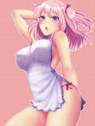Rule 34 | 1girl, :o, arm behind back, arm behind head, arm up, bare shoulders, breasts, china dress, chinese clothes, covered erect nipples, cowboy shot, dress, female focus, hair ribbon, junrei (nyorori), large breasts, looking at viewer, nyorori (tatsutaage), original, panties, pink background, pink hair, purple eyes, ribbon, side-tie panties, side ponytail, sideboob, simple background, solo, underwear