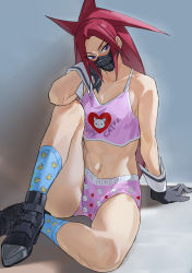 Rule 34 | 1girl, absurdres, animal print, arm at side, armpits, artist request, black mask, blush, boots, boyshort panties, breasts, camisole, capcom, cat print, character name, unworn clothes, delinquent, duck print, embarrassed, eyelashes, female focus, full body, gloves, groin, hand on own face, hand up, heart, heart print, highres, himezaki aoi, justice gakuen, knee up, legs, long hair, looking to the side, mask, matching underwear, medium breasts, midriff, moero! justice gakuen, mouth mask, name tag, navel, neck, panties, parted bangs, pink camisole, pink panties, ponytail, print camisole, print panties, print socks, purple eyes, red hair, shiny clothes, shiny skin, sidelocks, simple background, sitting, socks, spiked hair, thighs, tsundere, underwear, underwear only, very long hair