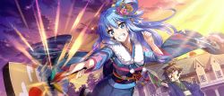 1boy 1girl aqua_(konosuba) blue_eyes blue_hair brown_hair face_paint green_eyes highres japanese_clothes kimono kono_subarashii_sekai_ni_shukufuku_wo! official_art outdoors satou_kazuma tagme