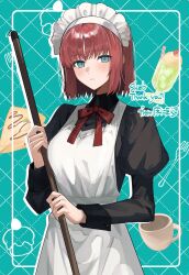 1girl apron blue_eyes blush breasts commission cup cupcake food fork highres hisui_(tsukihime) holding holding_mop looking_at_viewer maid maid_apron maid_headdress medium_breasts mop pastry red_hair skeb_commission solo tokoni_fusu tsukihime