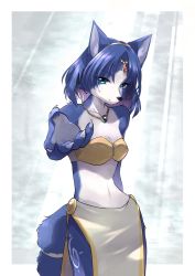 1girl :3 animal_ear_fluff animal_ears animal_nose aqua_eyes arm_up bandeau bare_shoulders blue_background blue_fur blue_hair body_fur border breasts circlet claws cleavage closed_mouth collarbone cowboy_shot crystal female_focus fox_ears fox_girl furry furry_female gem gold green_gemstone hairband happy highres jewelry krystal leg_tattoo light_rays loincloth looking_at_viewer namagaki_yukina navel necklace nintendo outside_border reaching reaching_towards_viewer red_gemstone short_hair simple_background small_breasts smile snout solo standing star_fox star_fox_adventures stomach tattoo tribal two-tone_fur white_border white_fur yellow_hairband