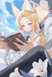 1boy 1girl animal animal_ear_fluff animal_ears animal_on_shoulder awa_(awao141) bare_shoulders bird bird_on_shoulder black_hair black_necktie black_pants blonde_hair blue_archive blue_necktie blush book closed_mouth detached_sleeves dress flower fox_ears fox_girl hair_flower hair_ornament highres holding holding_book necktie no_eyes pants pantyhose pink_eyes reading seia_(blue_archive) sensei_(blue_archive) sensei_(blue_archive_the_animation) shaded_face shirt short_hair sitting sitting_on_lap sitting_on_person sleeves_past_fingers sleeves_past_wrists smile white_dress white_flower white_pantyhose white_shirt