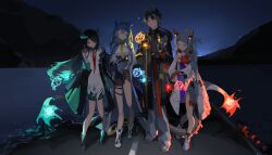 1boy 3girls absurdres aqua_horns arknights bead_bracelet beads black_hair blue_hair bracelet brother_and_sister chongyue_(arknights) colored_extremities colored_skin dragon_boy dragon_girl dragon_horns dragon_tail dusk_(arknights) earrings eastern_dragon_tail fiery_tail fire flame-tipped_tail gradient_skin green_hands green_horns green_skin highres horns jewelry ling_(arknights) multicolored_hair multiple_girls nian_(arknights) pointy_ears purple_eyes red_eyes siblings sisters spirallllll streaked_hair tail tassel tassel_earrings white_hair