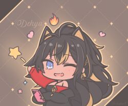 Rule 34 | 1girl, artist name, black hair, blonde hair, blue eyes, breasts, character name, chibi, chibi only, commentary, crossed bangs, dehya (genshin impact), earrings, extra ears, fire, futaba (anti clockwise), genshin impact, hair ears, holding, holding phone, jewelry, long hair, long sleeves, looking at viewer, medium breasts, multicolored hair, one eye closed, open mouth, phone, solo, star (symbol), streaked hair, symbol-only commentary, triangle earrings, two-tone hair