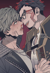 2boys agata_matsunosuke black_coat black_hair black_jacket blood bruise character_request coat collared_shirt facial_mark full_body glasses grabbing_another&#039;s_chin grey_hair hand_on_another&#039;s_chin highres holding_hands injury jacket kiri_futoshi leather leather_jacket male_focus multiple_boys nosebleed red_eyes ride_kamens saliva saliva_trail shirt short_hair sideburns tears tongue tongue_out white_shirt yaoi