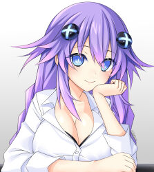 1girl alexstardust31 alternate_costume artist_name blue_eyes braid breasts cleavage formal_clothes hair_between_eyes hair_ornament highres long_hair looking_at_viewer medium_breasts neptune_(neptunia) neptune_(series) office_lady power_symbol power_symbol-shaped_pupils purple_eyes purple_hair purple_heart_(neptunia) shirt short_sleeves smile solo symbol-shaped_pupils twin_braids very_long_hair white_shirt