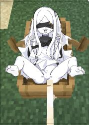 1girl blindfold blue_archive colored_skin covered_eyes extra_pupils feet long_hair meme min645251026530 minecraft minecraft_sheep_fucker_(meme) no_pussy ohr_(blue_archive) sketch spread_legs sweat white_hair white_skin white_tongue